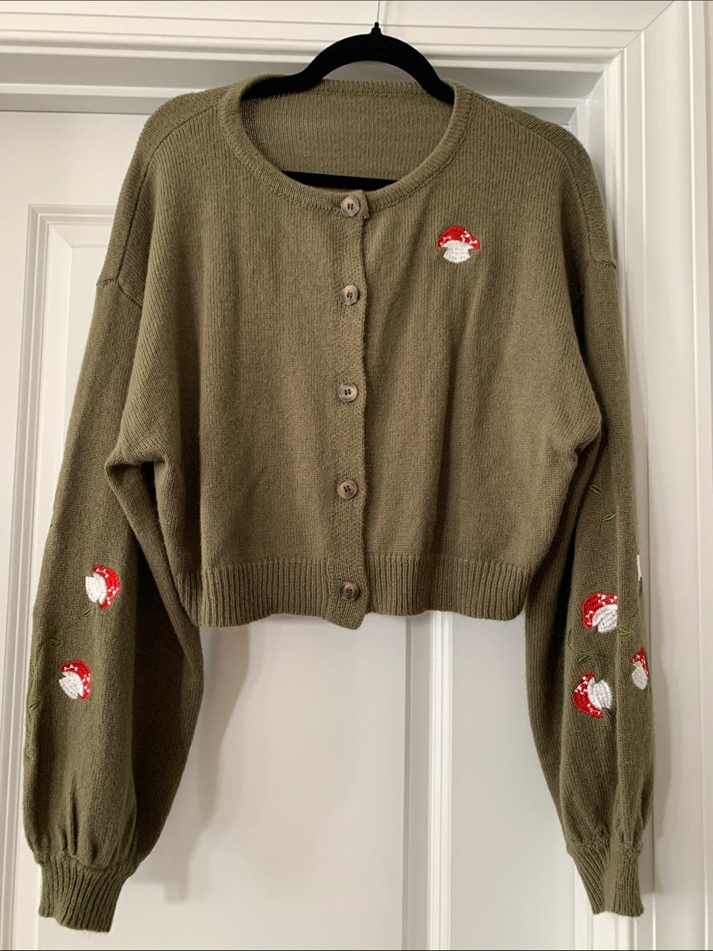 Romwe Olive Mushroom Embroidered Cropped Cardigan - Women M NWOT